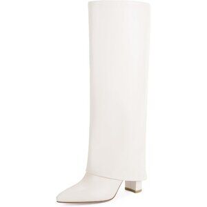 Women White Pu Leather Fold Over Knee High Dress Tall Chunky High Heel Long Boot